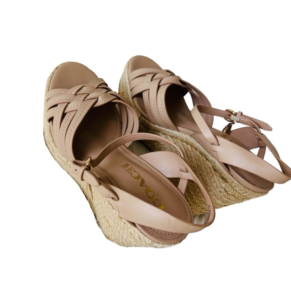 COACH Beige Dottie Open Toe Ankle Strap Wedge Espadrille Sandals Size 6 - Picture 6 of 16